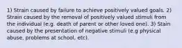 1) Strain caused by failure to achieve positively valued goals. 2) Strain caused by the removal of positively valued stimuli from the individual (e.g. death of parent or other loved one). 3) Stain caused by the presentation of negative stimuli (e.g physical abuse, problems at school, etc).