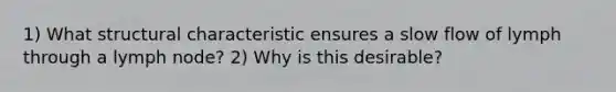 1) What structural characteristic ensures a slow flow of lymph through a lymph node? 2) Why is this desirable?