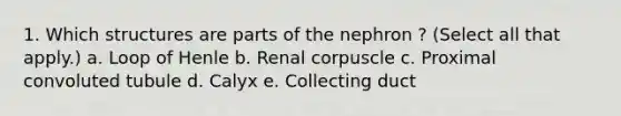 1. Which structures are parts of the nephron ? (Select all that apply.) a. Loop of Henle b. Renal corpuscle c. Proximal convoluted tubule d. Calyx e. Collecting duct