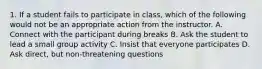 1. If a student fails to participate in class, which of the following would not be an appropriate action from the instructor. A. Connect with the participant during breaks B. Ask the student to lead a small group activity C. Insist that everyone participates D. Ask direct, but non-threatening questions