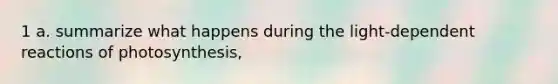 1 a. summarize what happens during the light-dependent reactions of photosynthesis,