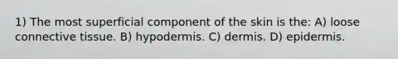 1) The most superficial component of the skin is the: A) loose connective tissue. B) hypodermis. C) dermis. D) epidermis.