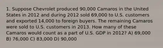 1. Suppose Chevrolet produced​ 90,000 Camaros in the United States in 2012 and during 2012 sold​ 69,000 to U.S. customers and exported​ 14,000 to foreign buyers. The remaining Camaros were sold to U.S. customers in 2013. How many of these Camaros would count as a part of U.S. GDP in​ 2012? A) 69,000 B) 76,000 C) 83,000 D) 90,000