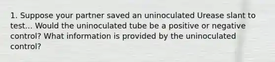 1. Suppose your partner saved an uninoculated Urease slant to test... Would the uninoculated tube be a positive or negative control? What information is provided by the uninoculated control?