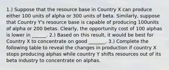 1.) Suppose that the resource base in Country X can produce either 100 units of alpha or 300 units of beta.​ Similarly, suppose that Country​ Y's resource base is capable of producing 100units of alpha or 200 betas.​ Clearly, the opportunity cost of 100 alphas is lower in ______. 2.) Based on this​ result, it would be best for Country X to concentrate on good _______. 3.) Complete the following table to reveal the changes in production if country X stops producing alphas while country Y shifts resources out of its beta industry to concentrate on alphas.