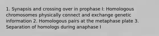 1. Synapsis and crossing over in prophase I: Homologous chromosomes physically connect and exchange genetic information 2. Homologous pairs at the metaphase plate 3. Separation of homologs during anaphase I