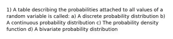 1) A table describing the probabilities attached to all values of a random variable is called: a) A discrete probability distribution b) A continuous probability distribution c) The probability density function d) A bivariate probability distribution