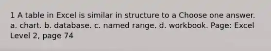 1 A table in Excel is similar in structure to a Choose one answer. a. chart. b. database. c. named range. d. workbook. Page: Excel Level 2, page 74
