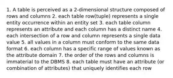 1. A table is perceived as a 2-dimensional structure composed of rows and columns 2. each table row(tuple) represents a single entity occurrence within an entity set 3. each table column represents an attribute and each column has a distinct name 4. each intersection of a row and column represents a single data value 5. all values in a column must conform to the same data format 6. each column has a specific range of values known as the attribute domain 7. the order of the rows and columns is immaterial to the DBMS 8. each table must have an attribute (or combination of attributes) that uniquely identifies each row