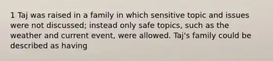 1 Taj was raised in a family in which sensitive topic and issues were not discussed; instead only safe topics, such as the weather and current event, were allowed. Taj's family could be described as having