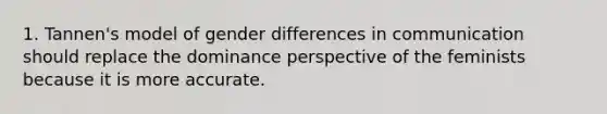 1. Tannen's model of gender differences in communication should replace the dominance perspective of the feminists because it is more accurate.