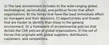 1) The task environment includes A) the wide-ranging global, technological, sociocultural, and political forces that affect organizations. B) the forces that have the least immediate effect on managers and their decisions. C) opportunities and threats that are harder to identify than those in the general environment. D) a framework of environmental policies that dictate the CSR policies of global organizations. E) the set of forces that originate with global suppliers, distributors, customers, and competitors.