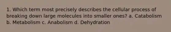 1. Which term most precisely describes the cellular process of breaking down large molecules into smaller ones? a. Catabolism b. Metabolism c. Anabolism d. Dehydration