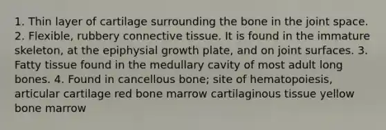 1. Thin layer of cartilage surrounding the bone in the joint space. 2. Flexible, rubbery connective tissue. It is found in the immature skeleton, at the epiphysial growth plate, and on joint surfaces. 3. Fatty tissue found in the medullary cavity of most adult long bones. 4. Found in cancellous bone; site of hematopoiesis, articular cartilage red bone marrow cartilaginous tissue yellow bone marrow