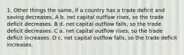 1. Other things the same, if a country has a trade deficit and saving decreases, A b. net capital outflow rises, so the trade deficit decreases. B d. net capital outflow falls, so the trade deficit decreases. C a. net capital outflow rises, so the trade deficit increases. D c. net capital outflow falls, so the trade deficit increases.