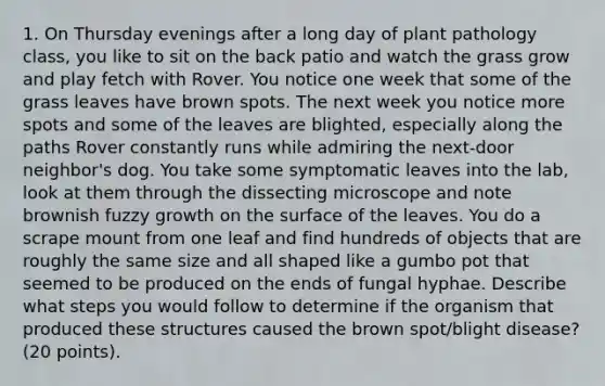 1. On Thursday evenings after a long day of plant pathology class, you like to sit on the back patio and watch the grass grow and play fetch with Rover. You notice one week that some of the grass leaves have brown spots. The next week you notice more spots and some of the leaves are blighted, especially along the paths Rover constantly runs while admiring the next-door neighbor's dog. You take some symptomatic leaves into the lab, look at them through the dissecting microscope and note brownish fuzzy growth on the surface of the leaves. You do a scrape mount from one leaf and find hundreds of objects that are roughly the same size and all shaped like a gumbo pot that seemed to be produced on the ends of fungal hyphae. Describe what steps you would follow to determine if the organism that produced these structures caused the brown spot/blight disease? (20 points).