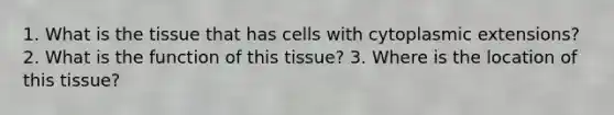 1. What is the tissue that has cells with cytoplasmic extensions? 2. What is the function of this tissue? 3. Where is the location of this tissue?