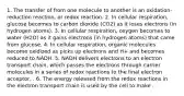 1. The transfer of from one molecule to another is an oxidation-reduction reaction, or redox reaction. 2. In cellular respiration, glucose becomes to carbon dioxide (CO2) as it loses electrons (in hydrogen atoms). 3. In cellular respiration, oxygen becomes to water (H2O) as it gains electrons (in hydrogen atoms) that came from glucose. 4. In cellular respiration, organic molecules become oxidized as picks up electrons and H+ and becomes reduced to NADH. 5. NADH delivers electrons to an electron transport chain, which passes the electrons through carrier molecules in a series of redox reactions to the final electron acceptor, . 6. The energy released from the redox reactions in the electron transport chain is used by the cell to make .