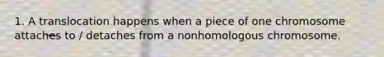 1. A translocation happens when a piece of one chromosome attaches to / detaches from a nonhomologous chromosome.