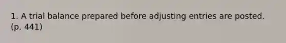 1. A trial balance prepared before adjusting entries are posted. (p. 441)