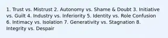 1. Trust vs. Mistrust 2. Autonomy vs. Shame & Doubt 3. Initiative vs. Guilt 4. Industry vs. Inferiority 5. Identity vs. Role Confusion 6. Intimacy vs. Isolation 7. Generativity vs. Stagnation 8. Integrity vs. Despair