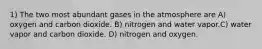 1) The two most abundant gases in the atmosphere are A) oxygen and carbon dioxide. B) nitrogen and water vapor.C) water vapor and carbon dioxide. D) nitrogen and oxygen.