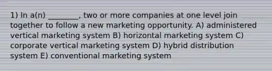 1) In a(n) ________, two or more companies at one level join together to follow a new marketing opportunity. A) administered vertical marketing system B) horizontal marketing system C) corporate vertical marketing system D) hybrid distribution system E) conventional marketing system