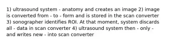 1) ultrasound system - anatomy and creates an image 2) image is converted from - to - form and is stored in the scan converter 3) sonographer identifies ROI. At that moment, system discards all - data in scan converter 4) ultrasound system then - only - and writes new - into scan converter