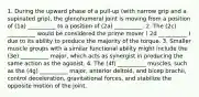 1. During the upward phase of a pull-up (with narrow grip and a supinated grip), the glenohumeral joint is moving from a position of (1a) __________ to a position of (2a) __________. 2. The (2c) __________ would be considered the prime mover ( 2d __________ ) due to its ability to produce the majority of the torque. 3. Smaller muscle groups with a similar functional ability might include the (3e) __________ major, which acts as synergist in producing the same action as the agonist. 4. The (4f) __________ muscles, such as the (4g) __________ major, anterior deltoid, and bicep brachii, control deceleration, gravitational forces, and stabilize the opposite motion of the joint.