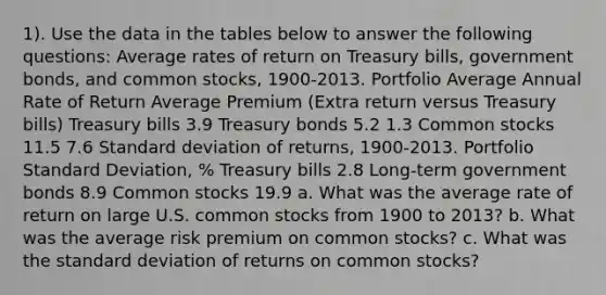 1). Use the data in the tables below to answer the following questions: Average rates of return on Treasury bills, government bonds, and common stocks, 1900-2013. Portfolio Average Annual Rate of Return Average Premium (Extra return versus Treasury bills) Treasury bills 3.9 Treasury bonds 5.2 1.3 Common stocks 11.5 7.6 Standard deviation of returns, 1900-2013. Portfolio Standard Deviation, % Treasury bills 2.8 Long-term government bonds 8.9 Common stocks 19.9 a. What was the average rate of return on large U.S. common stocks from 1900 to 2013? b. What was the average risk premium on common stocks? c. What was the standard deviation of returns on common stocks?