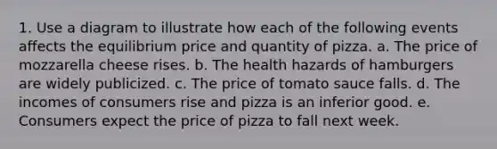 1. Use a diagram to illustrate how each of the following events affects the equilibrium price and quantity of pizza. a. The price of mozzarella cheese rises. b. The health hazards of hamburgers are widely publicized. c. The price of tomato sauce falls. d. The incomes of consumers rise and pizza is an inferior good. e. Consumers expect the price of pizza to fall next week.