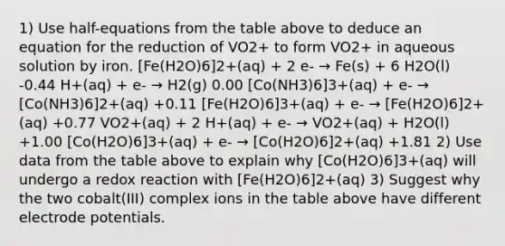 1) Use half-equations from the table above to deduce an equation for the reduction of VO2+ to form VO2+ in aqueous solution by iron. [Fe(H2O)6]2+(aq) + 2 e- → Fe(s) + 6 H2O(l) -0.44 H+(aq) + e- → H2(g) 0.00 [Co(NH3)6]3+(aq) + e- → [Co(NH3)6]2+(aq) +0.11 [Fe(H2O)6]3+(aq) + e- → [Fe(H2O)6]2+(aq) +0.77 VO2+(aq) + 2 H+(aq) + e- → VO2+(aq) + H2O(l) +1.00 [Co(H2O)6]3+(aq) + e- → [Co(H2O)6]2+(aq) +1.81 2) Use data from the table above to explain why [Co(H2O)6]3+(aq) will undergo a redox reaction with [Fe(H2O)6]2+(aq) 3) Suggest why the two cobalt(III) complex ions in the table above have different electrode potentials.