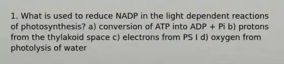 1. What is used to reduce NADP in the light dependent reactions of photosynthesis? a) conversion of ATP into ADP + Pi b) protons from the thylakoid space c) electrons from PS I d) oxygen from photolysis of water