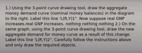 ​1.) Using the​ 3-point curve drawing tool​, draw the aggregate money demand curve​ (nominal money​ balances) in the diagram to the right. Label this line​ 'L(R,Y)1". Now suppose real GNP increases.real GNP increases. nothing nothing nothing ​2.) On the same​ graph, using the​ 3-point curve drawing tool​, draw the new aggregate demand for money curve as a result of this change. Label this line​ 'L(R,Y)2". Carefully follow the instructions above and only draw the required objects.