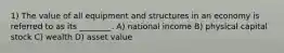 1) The value of all equipment and structures in an economy is referred to as its ________. A) national income B) physical capital stock C) wealth D) asset value