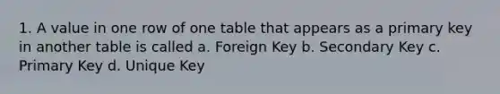 1. A value in one row of one table that appears as a primary key in another table is called a. Foreign Key b. Secondary Key c. Primary Key d. Unique Key