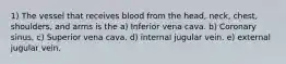 1) The vessel that receives blood from the head, neck, chest, shoulders, and arms is the a) Inferior vena cava. b) Coronary sinus. c) Superior vena cava. d) internal jugular vein. e) external jugular vein.