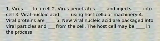 1. Virus ___ to a cell 2. Virus penetrates ____ and injects ____ into cell 3. Viral nucleic acid ____ using host cellular machinery 4. Viral proteins are ____ 5. New viral nucleic acid are packaged into viral particles and ___ from the cell. The host cell may be ____ in the process