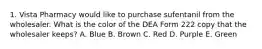 1. Vista Pharmacy would like to purchase sufentanil from the wholesaler. What is the color of the DEA Form 222 copy that the wholesaler keeps? A. Blue B. Brown C. Red D. Purple E. Green