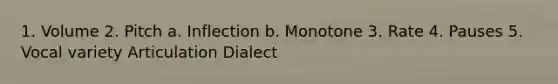 1. Volume 2. Pitch a. Inflection b. Monotone 3. Rate 4. Pauses 5. Vocal variety Articulation Dialect