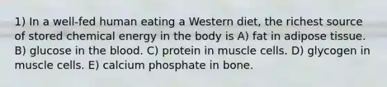 1) In a well-fed human eating a Western diet, the richest source of stored chemical energy in the body is A) fat in adipose tissue. B) glucose in the blood. C) protein in muscle cells. D) glycogen in muscle cells. E) calcium phosphate in bone.