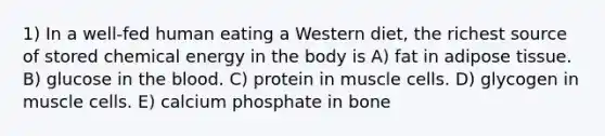 1) In a well-fed human eating a Western diet, the richest source of stored chemical energy in the body is A) fat in adipose tissue. B) glucose in the blood. C) protein in muscle cells. D) glycogen in muscle cells. E) calcium phosphate in bone