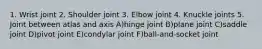 1. Wrist joint 2. Shoulder joint 3. Elbow joint 4. Knuckle joints 5. Joint between atlas and axis A)hinge joint B)plane joint C)saddle joint D)pivot joint E)condylar joint F)ball-and-socket joint