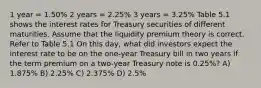 1 year = 1.50% 2 years = 2.25% 3 years = 3.25% Table 5.1 shows the interest rates for Treasury securities of different maturities. Assume that the liquidity premium theory is correct. Refer to Table 5.1 On this day, what did investors expect the interest rate to be on the one-year Treasury bill in two years if the term premium on a two-year Treasury note is 0.25%? A) 1.875% B) 2.25% C) 2.375% D) 2.5%