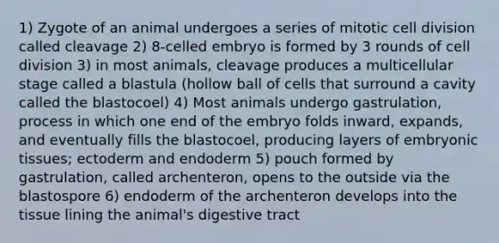 1) Zygote of an animal undergoes a series of mitotic cell division called cleavage 2) 8-celled embryo is formed by 3 rounds of cell division 3) in most animals, cleavage produces a multicellular stage called a blastula (hollow ball of cells that surround a cavity called the blastocoel) 4) Most animals undergo gastrulation, process in which one end of the embryo folds inward, expands, and eventually fills the blastocoel, producing layers of embryonic tissues; ectoderm and endoderm 5) pouch formed by gastrulation, called archenteron, opens to the outside via the blastospore 6) endoderm of the archenteron develops into the tissue lining the animal's digestive tract