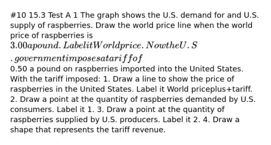 #10 15.3 Test A 1 The graph shows the U.S. demand for and U.S. supply of raspberries. Draw the world price line when the world price of raspberries is​ 3.00 a pound. Label it World price. Now the U.S. government imposes a tariff of​0.50 a pound on raspberries imported into the United States. With the tariff​ imposed: 1. Draw a line to show the price of raspberries in the United States. Label it World priceplus+tariff. 2. Draw a point at the quantity of raspberries demanded by U.S. consumers. Label it 1. 3. Draw a point at the quantity of raspberries supplied by U.S. producers. Label it 2. 4. Draw a shape that represents the tariff revenue.