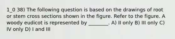 1_0 38) The following question is based on the drawings of root or stem cross sections shown in the figure. Refer to the figure. A woody eudicot is represented by ________. A) II only B) III only C) IV only D) I and III