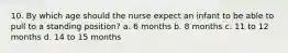 10. By which age should the nurse expect an infant to be able to pull to a standing position? a. 6 months b. 8 months c. 11 to 12 months d. 14 to 15 months