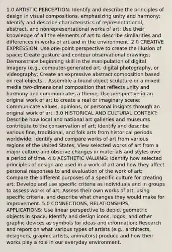 1.0 ARTISTIC PERCEPTION: Identify and describe the principles of design in visual compositions, emphasizing unity and harmony; Identify and describe characteristics of representational, abstract, and nonrepresentational works of art; Use their knowledge of all the elements of art to describe similarities and differences in works of art and in the environment. 2.0 CREATIVE EXPRESSION: Use one-point perspective to create the illusion of space; Create gesture and contour observational drawings; Demonstrate beginning skill in the manipulation of digital imagery (e.g., computer-generated art, digital photography, or videography; Create an expressive abstract composition based on real objects. ; Assemble a found object sculpture or a mixed media two-dimensional composition that reflects unity and harmony and communicates a theme; Use perspective in an original work of art to create a real or imaginary scene; Communicate values, opinions, or personal insights through an original work of art. 3.0 HISTORICAL AND CULTURAL CONTEXT: Describe how local and national art galleries and museums contribute to the conservation of art; Identify and describe various fine, traditional, and folk arts from historical periods worldwide; Identify and compare works of art from various regions of the United States; View selected works of art from a major culture and observe changes in materials and styles over a period of time. 4.0 AESTHETIC VALUING: Identify how selected principles of design are used in a work of art and how they affect personal responses to and evaluation of the work of art; Compare the different purposes of a specific culture for creating art; Develop and use specific criteria as individuals and in groups to assess works of art; Assess their own works of art, using specific criteria, and describe what changes they would make for improvement. 5.0 CONNECTIONS, RELATIONSHIPS, APPLICATIONS: Use linear perspective to depict geometric objects in space; Identify and design icons, logos, and other graphic devices as symbols for ideas and information; Research and report on what various types of artists (e.g., architects, designers, graphic artists, animators) produce and how their works play a role in our everyday environment.