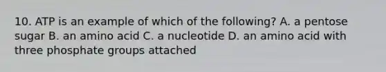 10. ATP is an example of which of the following? A. a pentose sugar B. an amino acid C. a nucleotide D. an amino acid with three phosphate groups attached